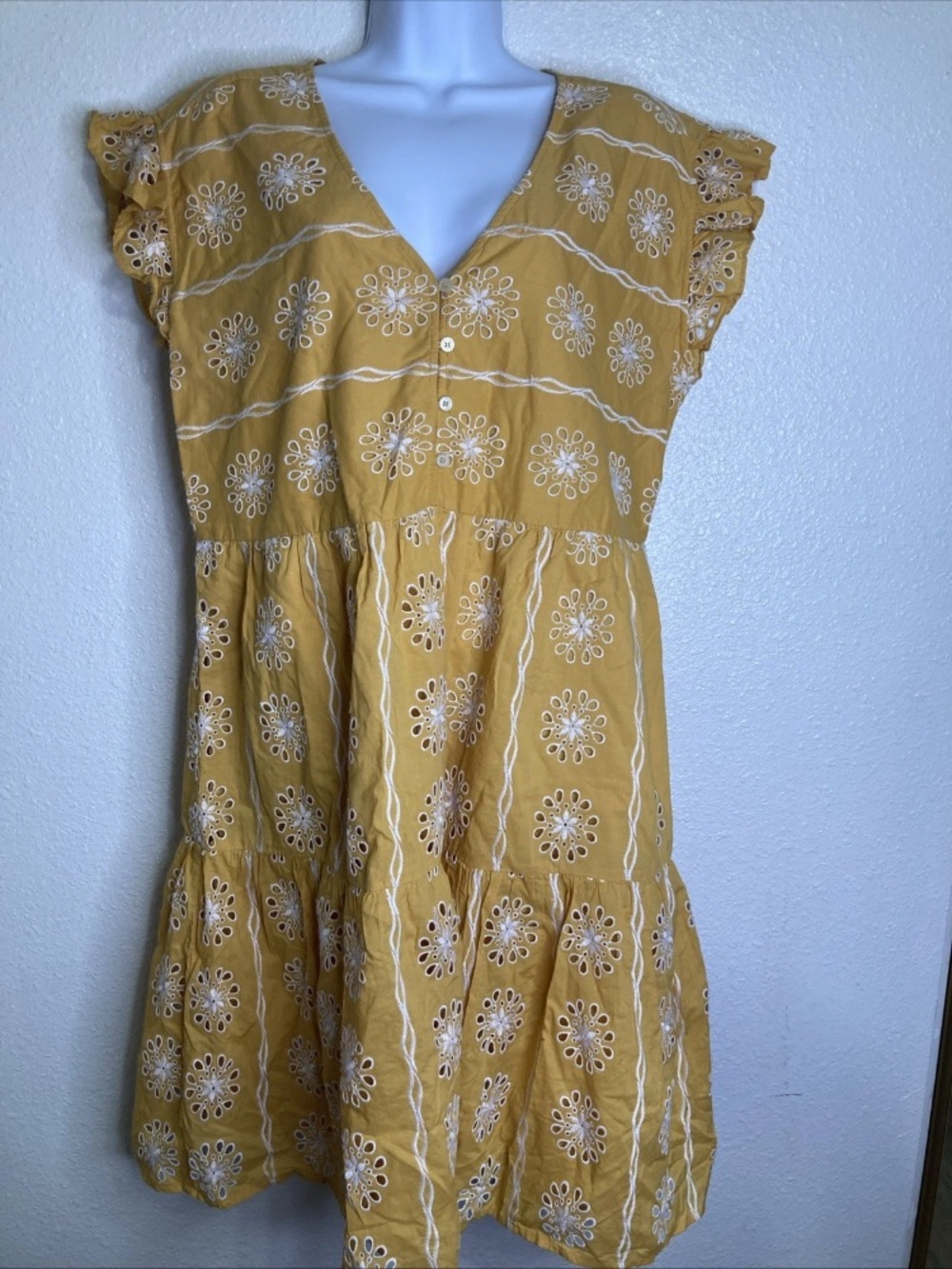 Loft Dress Tiered Eyelet Embroidered Yellow Knee Length Cottagecore Boho Sz M